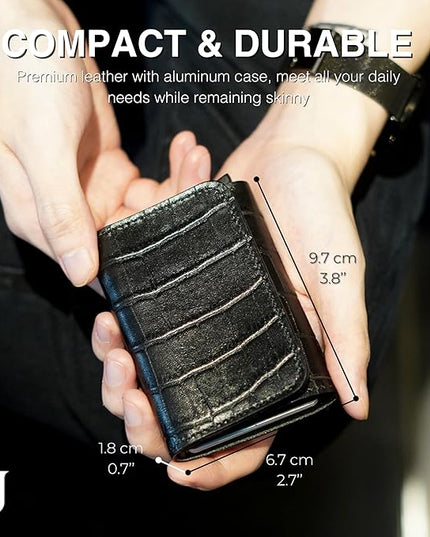 Jenoss Smart Wallet For Men: Full Grain Leather, Handcrafted, Slide Metal Pop Up Case, Slim RFID Blocking Credit Card Holder, Minimalist Compact, 6-8 Cards Organizers, Front Pocket, Money Clip (Black)