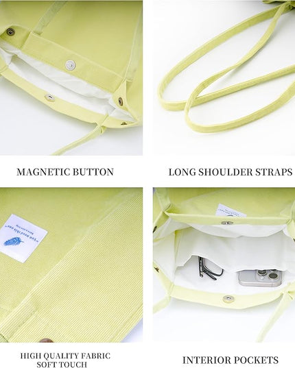 Corduroy Tote Bag Cute Tote Bags for Women Shoulder Bag with Inner Pocket for Work Beach Travel and Shopping Grocery