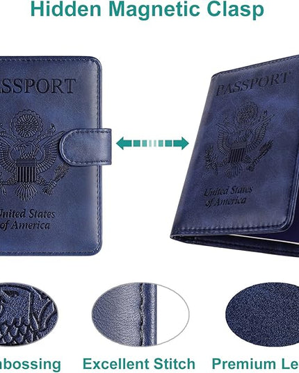 RSAquar Passport Holder for Women and Men, Premium PU Leather Travel Passport Wallet RFID Blocking Passport Cover Travel Documents Organizer with Pen Holder, Blue