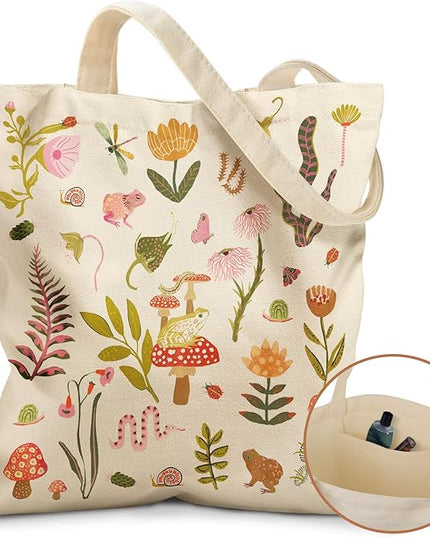 Canvas Tote Bag with Pockets - Aesthetic Reusable Totes for Women Ladies Cute Printed Cloths Canvas Shoulder Bag