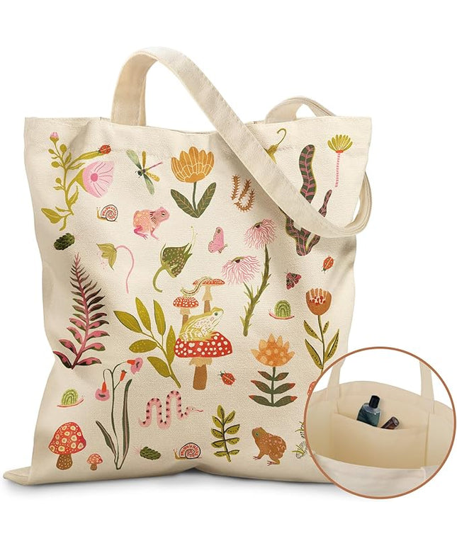 Canvas Tote Bag with Pockets - Aesthetic Reusable Totes for Women Ladies Cute Printed Cloths Canvas Shoulder Bag