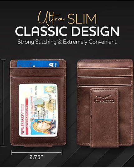 Money Clip Leather Wallet For Men Slim Front Pocket RFID Blocking with Super Strong Magnetic