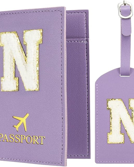 PATIKIL Passport Holder for Travel, Initial Passport Cover and Luggage Tag Set with Alphabet Chenille Letter Patch Travel Wallet Bag Suitcase Identifier for Women Family Travel Purple N