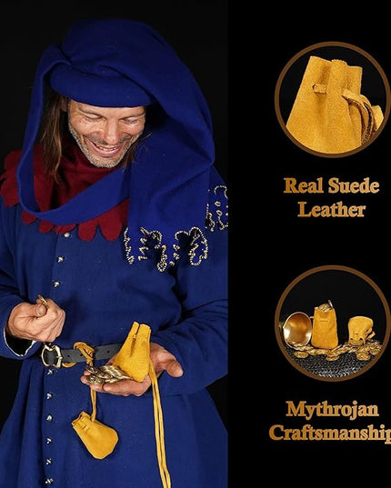 Mythrojan Small Trinket Pouches Suede Leather Drawstring Coin & Dice Bags for LARP, SCA, Viking & Medieval Events (Yellow - Pack of 2)