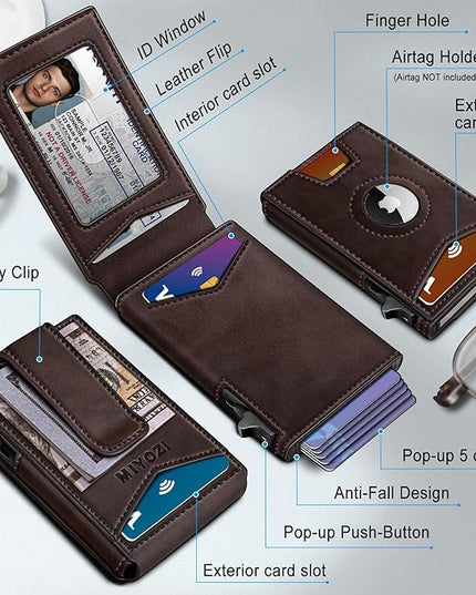 miyozi Airtag Wallet for Men Money Clip 9-Card Pop-Up Credit Card Holder with ID Window RFID Blocking Metal Case Magnetic Closure Front Pocket Wallet Gift Box