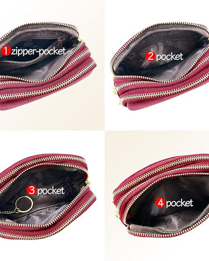 LINNO 3 Zippered Genuine Leather Coin Purse Triple Capacity Change Pouch Little Travel Wallet With Key Ring for Women