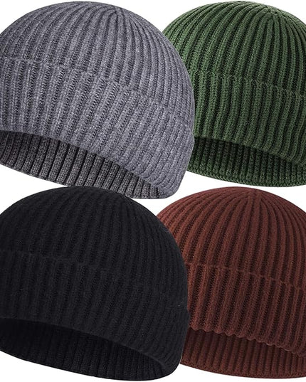 ROYBENS 4 Pack Wool Fisherman Beanies for Men, Knit Short Watch Cap Winter Warm Hats