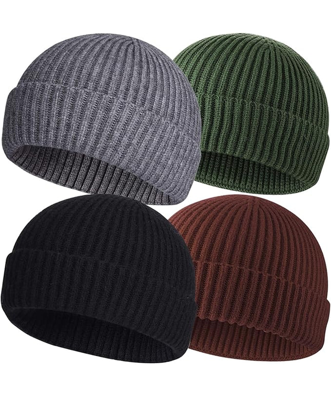 ROYBENS 4 Pack Wool Fisherman Beanies for Men, Knit Short Watch Cap Winter Warm Hats