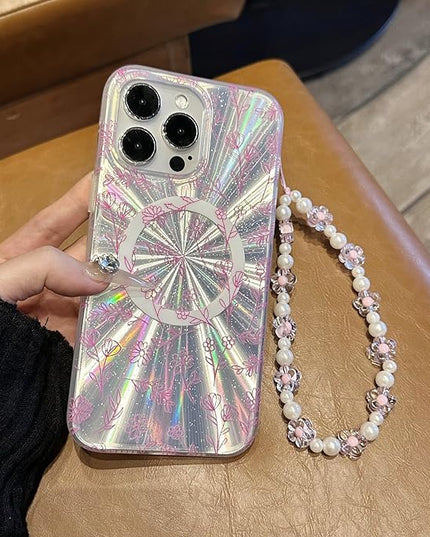 Compatible with iPhone 15 Pro Cases,Cute Flower Phone case with Floral Pearl Chain,Compatible MagSafe Silicone Shockproof Phone case for Women and Teenage Girls.
