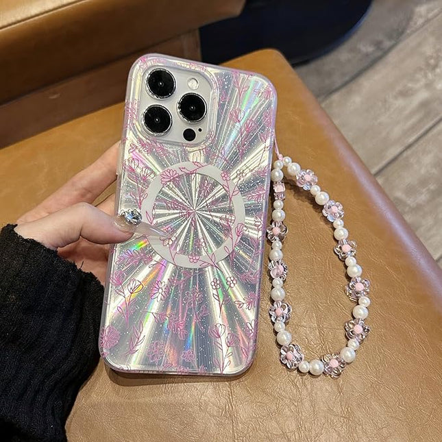 Compatible with iPhone 15 Pro Cases,Cute Flower Phone case with Floral Pearl Chain,Compatible MagSafe Silicone Shockproof Phone case for Women and Teenage Girls.