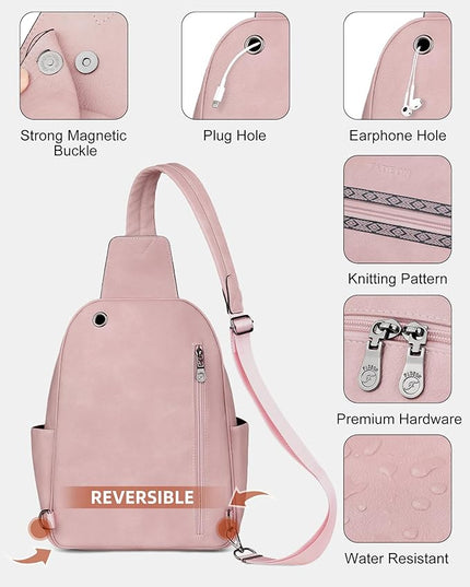 FADEON Large Sling Bag for Women, Leather Crossbody Purse Designer Anti Theft Sling Backpack, RFID Fanny Packs for Travel