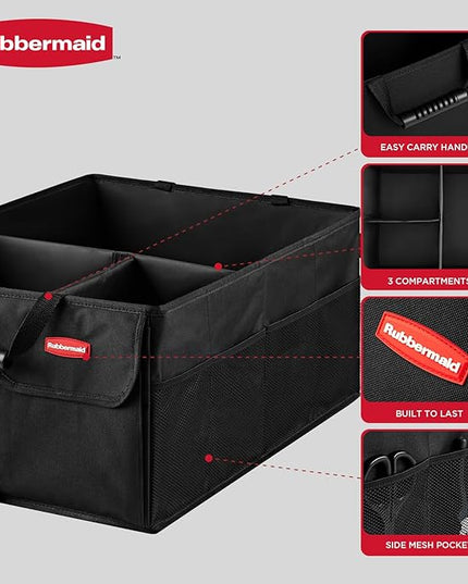 Rubbermaid Car Organizer, Collapsible Trunk Organizer, Multi-Compartment Car Storage Organization for Car Accessories, 3 Compartments Without Cover, 22.83"*16.54"*10.63"