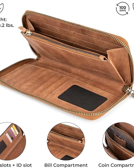 BERLINER BAGS Vintage Genuine Leather Wallet Margo, RFID Blocking Credit Card Holder, Slim Womens Wallet, Zip Around Wallet for 13 Cards and ID window, Bills, Coins - Brown