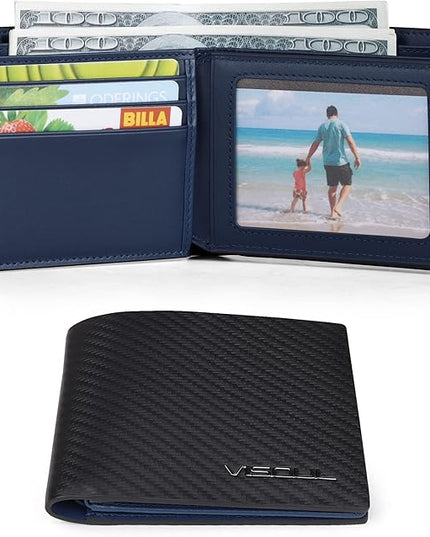 VISOUL Leather Mens Bifold RFID Blocking Wallet with 2 ID Windows, Leather Wallet for Men (Carbon Fiber, Black+Blue)
