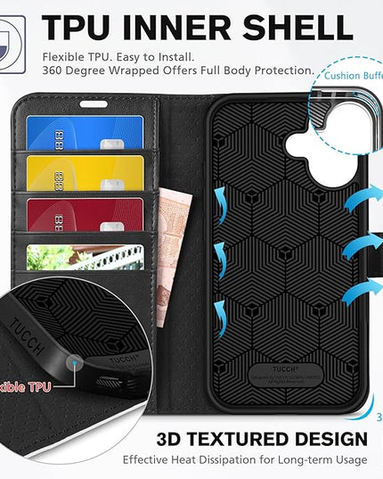 TUCCH Wallet Case for iPhone 16, Kickstand [RFID Blocking] [4 Card Slots] TPU Interior Protective Case, Magnetic Folio Shockproof PU Leather Flip Cover Compatible with iPhone 16 5G, Black & White