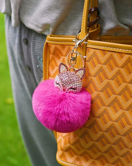 Faux Rabbit Fur Ball Pom Pom Keychain with Fox Head Studded with pearl Rhinestone for Womens Bag Car Key Decoration