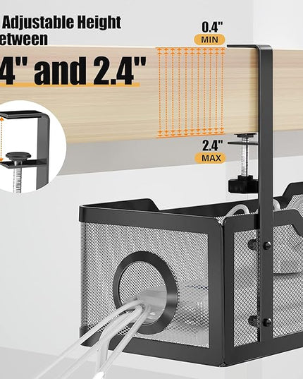 Under Desk Cable Management Tray Black, Cinati Wire Organizers No Drill, Cable Tray with Clamp for Wire Management, Cord Organization Box for Office, Home - No Damage to Desk