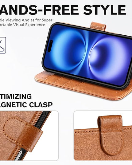 TUCCH Case for iPhone 16 Case Wallet, [TPU Shockproof Inner Shell], Kickstand PU Leather [RFID Blocking] 4 Card Holder Magnetic Stand Protective Cover Compatible with iPhone 16 5G, Light Brown