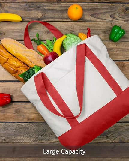 TOPDesign 6-Pack Canvas Tote Bags with an External Pocket, Reusable Grocery Shopping Bags, Top Zipper Closure, Daily Essentials (Red/Natural)