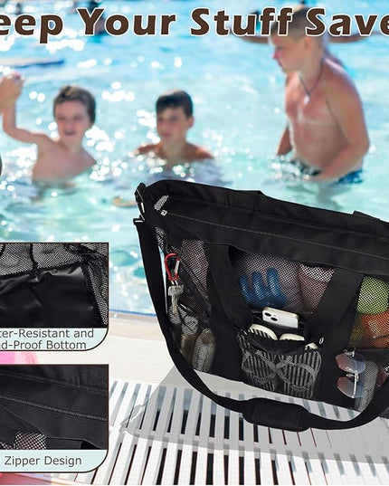 Mesh Beach Bag, Large Beach Tote with Zipper Pocket, Toys Pool Bag for Family Travel Vacation Cruise Essentials