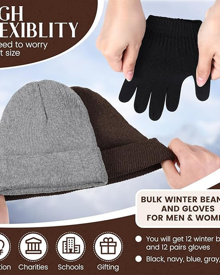 24 Pack Winter Beanies Gloves Cold Weather Unisex Hat Warm Knit Gloves Beanies in Bulk for Men Women, Warm Cozy Gift