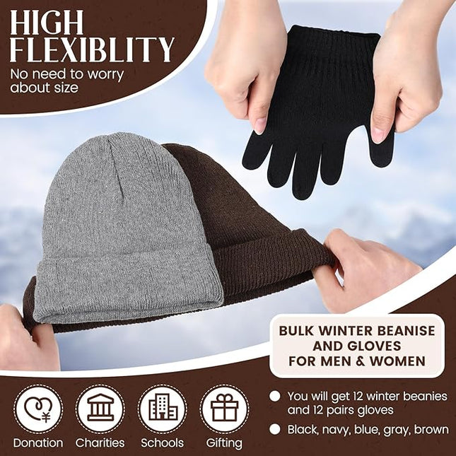 24 Pack Winter Beanies Gloves Cold Weather Unisex Hat Warm Knit Gloves Beanies in Bulk for Men Women, Warm Cozy Gift