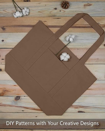 TOPDesign 3-Pack Canvas Tote Bags with an External Pocket, Reusable Grocery Shopping Bags, Top Zipper Closure, Daily Essentials (Brown)