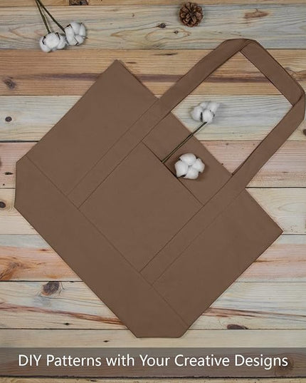 TOPDesign 6-Pack Canvas Tote Bags with an External Pocket, Reusable Grocery Shopping Bags, Top Zipper Closure, Daily Essentials (Brown)