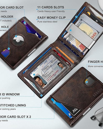 miyozi Airtag Wallet for Men,with Money Clip 11 Cards Slim Front Pocket Leather RFID Blocking Wallet with Gift Box