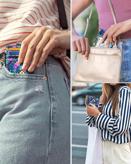 Slim Wallet Credit Card Holder, Purple Floral Print X, RFID Wallet Women Cute Small Front Pocket Wallet With Zipper, PU Leather Thin travel RFID Blocking Card Case ID Window,Ladies Gifts