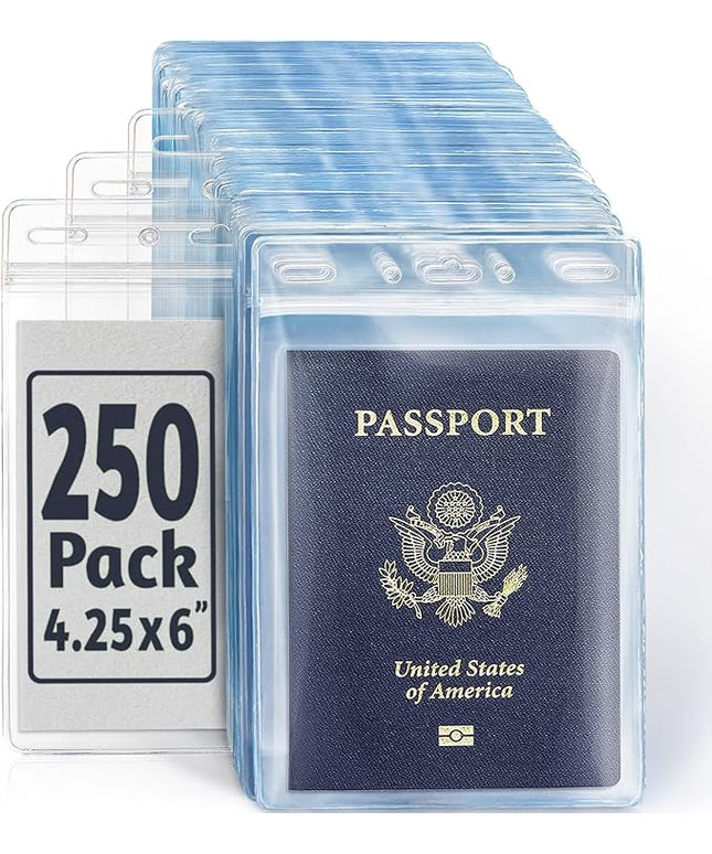 EcoEarth 4x6 Inch Passport & Card Holders with Soft Edge (Clear, 250 PK) - Extra Large (XXL) Vertical ID Holder - Resealable and Waterproof Identification Name Card Holder