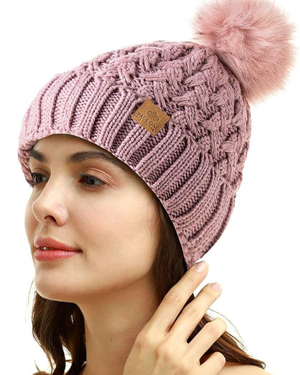 PAGE ONE Womens Winter Ribbed Beanie Crossed Cap Chunky Cable Knit Pompom Soft Warm Hat