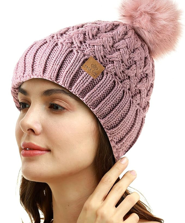 PAGE ONE Womens Winter Ribbed Beanie Crossed Cap Chunky Cable Knit Pompom Soft Warm Hat