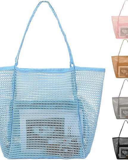 Mesh Beach Bag, Large Beach Tote with Zipper Pocket, Toys Pool Bag for Family Travel Vacation Cruise Essentials