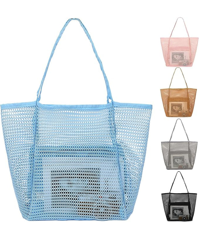 Mesh Beach Bag, Large Beach Tote with Zipper Pocket, Toys Pool Bag for Family Travel Vacation Cruise Essentials