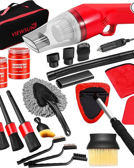 Viewsun 17PCS Car Cleaning Kit, Car Interior Detailing Kit with Red High Power Handheld Vacuum, Detailing Brush Set, Windshield Cleaner, Cleaning Gel, Complete Auto Accessories for Women