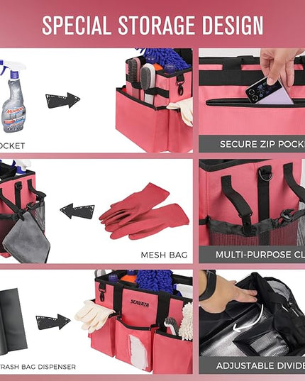 Wearable Cleaning Caddy Bag, Cleaning Caddy Supplies Organizer with Handle & Shoulder Straps for Housekeepers, Under Sink & Car Cleaning Tool Organizers with 4 Foldable Divider (RoseRed)