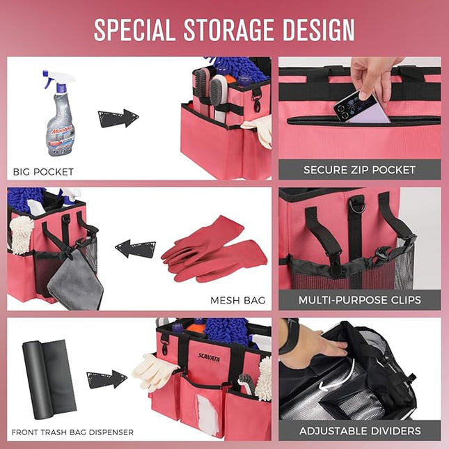 Wearable Cleaning Caddy Bag, Cleaning Caddy Supplies Organizer with Handle & Shoulder Straps for Housekeepers, Under Sink & Car Cleaning Tool Organizers with 4 Foldable Divider (RoseRed)
