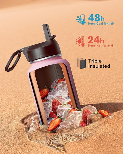 32 oz Insulated Water Bottle with Straw&3 Lids, Coolflask Stainless Steel Metal Flask Wide Mouth for Sports or Office, Non-BPA Keep Cold Up to 48 Hrs or Hot Up to 24 Hrs, Bubblegum Princess