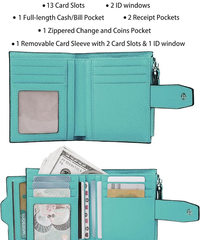 AINIMOER Women's RFID Blocking Leather Small Compact Bi-fold Zipper Pocket Wallet Card Case Purse with id Window