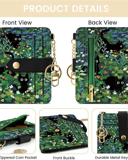 Sodsay Small Slim Wallet Women RFID Blocking, PU Leather Bifold Ladies Wallet with Zipper Coin Pocket, Thin Cute Travel Card Wallets for Girls, Black Cat Whisker