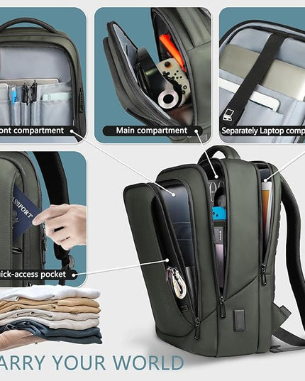 hk Laptop Backpack for Men with USB Charging Port Water-Resistant for 15.6 Inch Computer Bag Durable High-Tech Daypack Casual Backpack for Business Work College Weekender Travel- Green