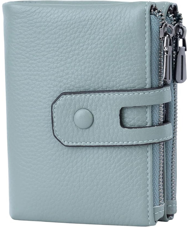 Bveyzi Small Soft Leather Wallet for Women RFID Blocking Ladies Card Holder with Double Zipper Pocket