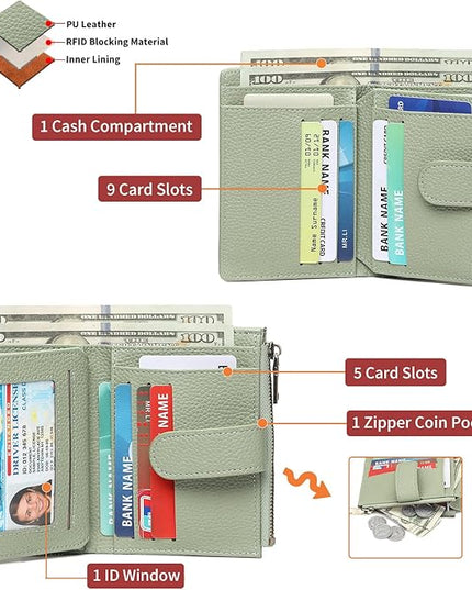 GAEKEAO Womens Wallet Small Leather RFID Blocking Bifold Zipper Pocket Wallet Card Case Purse with ID Window