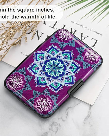 ELFISH Mini RFID Aluminum Wallet Credit Cards Holder Business Card Case Metal ID Case for Men Women (Purple flower)