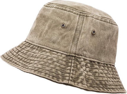 Bucket Hat, Wide Brim Washed Denim Cotton Outdoor Sun Hat Flat Top Cap for Fishing Hiking Beach Sports