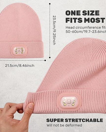 OKKLE Unisex LED Beanie with Light, USB Rechargeable Headlamp Hat, Winter Gifts for Men Women Husband Him Pink