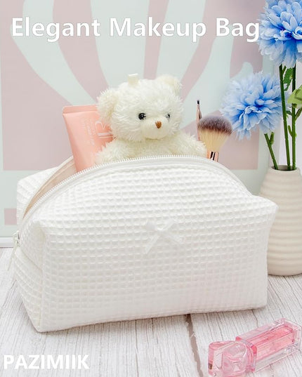 PAZIMIIK 6PCS Cozy Makeup Bag Travel Cosmetic Bag for Women Soft Toiletry Bag Aesthetic Makeup Organizer Portable Large Zipper Pouch for Skincare Beauty Accessories Brushes Waffle Check Cream White