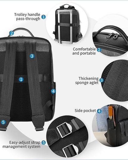 Men's Black Leather Backpack for Work Travel, Durable Genuine Leather Laptop Backpack with 15.6-inch Computer Compartment, Stylish Professional Designer
