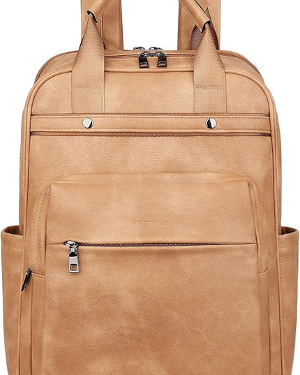 MASINTOR Leather Laptop Backpack for Women, Stylish Computer Backpack College Business Work Shoulder Bags Work and Travel Retro Camel
